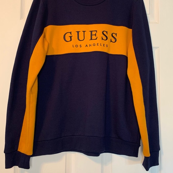 Comfortable Vintage Guess Navy Blue and Orange Los Angeles Crewneck Sweatshirt - Picture 2 of 6